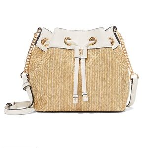 NWT Victoria’s Secret Mini Bucket Crossbody Woven Raffia & Gold Strands